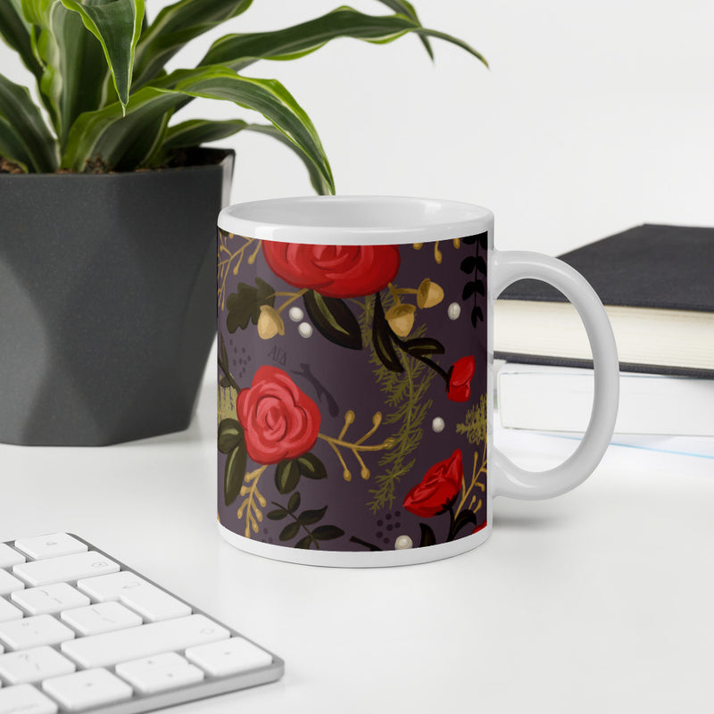 Alpha Gamma Delta Floral Pattern Glossy Mug in 11 oz size shown in office