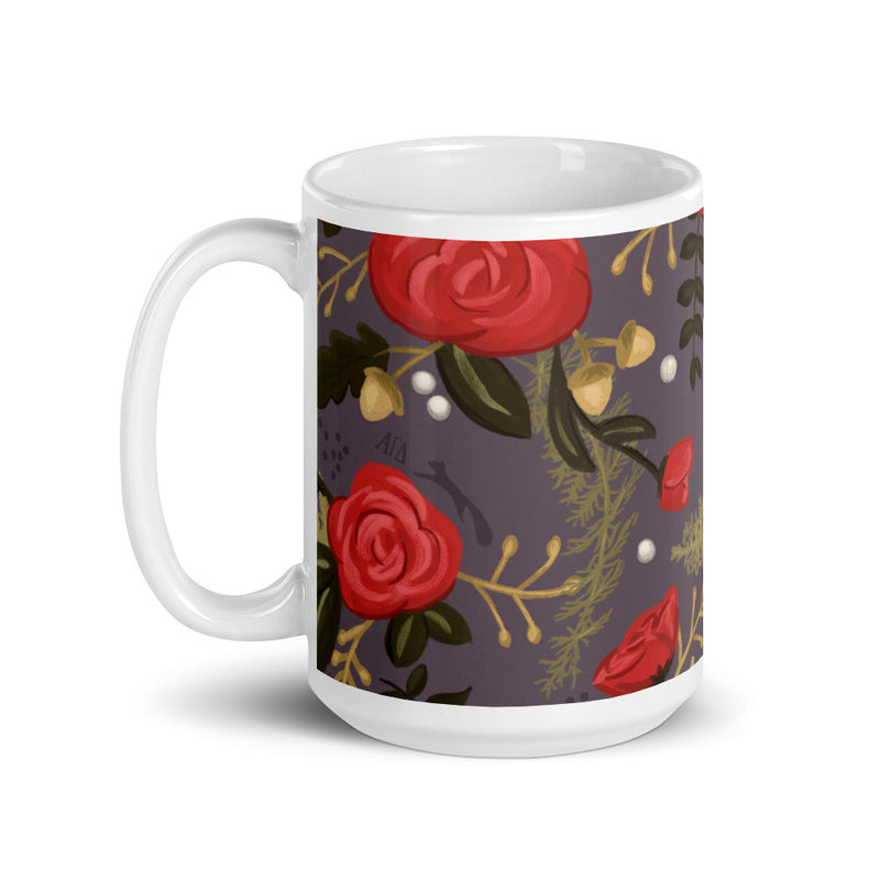 Alpha Gamma Delta Floral Pattern Glossy Mug in 15 oz size with handle on left