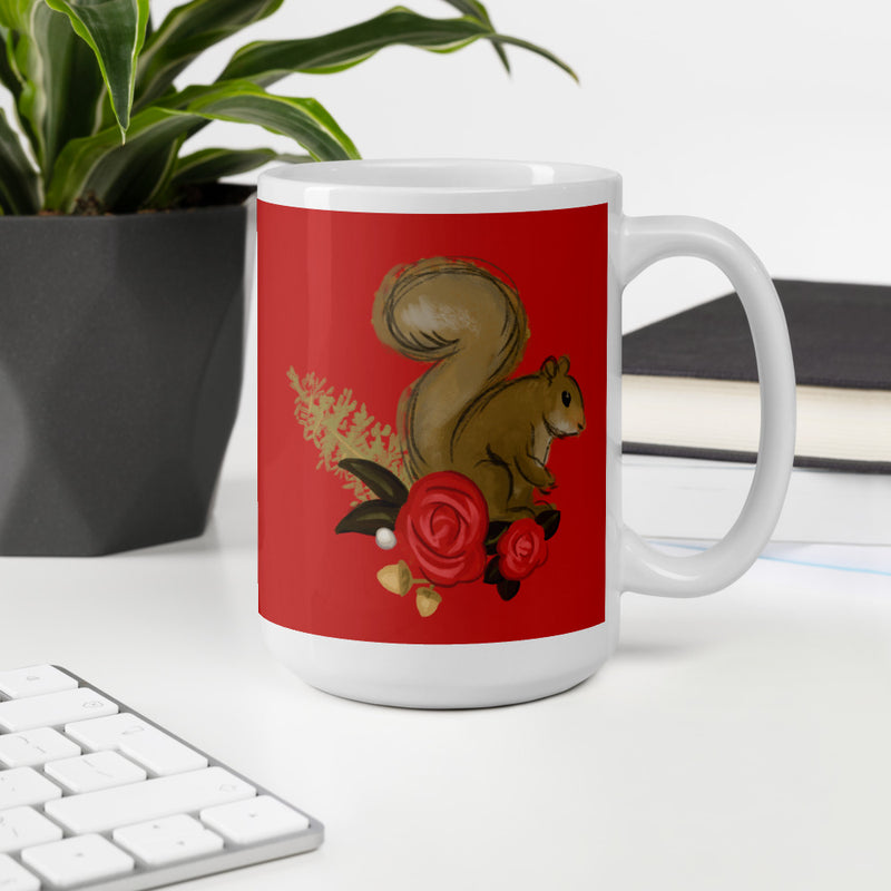 Alpha Gamma Delta Squirrel Red Glossy Mug shown in 15 oz size in office
