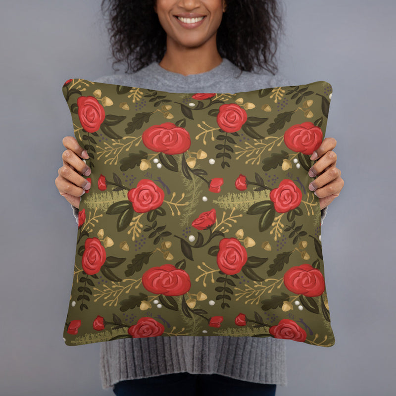Alpha Gamma Delta Squirrel Pillow, Green showing floral print on back held by model