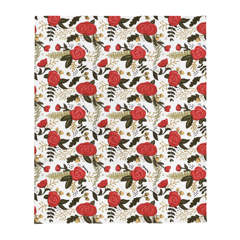 Alpha Gamma Delta Red Rose Print Throw Blanket, White shown in full view