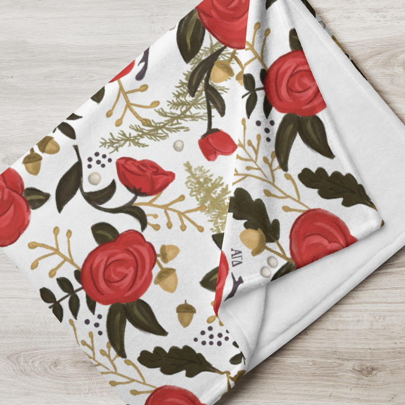 Alpha Gamma Delta Red Rose Print Throw Blanket, White showing white back