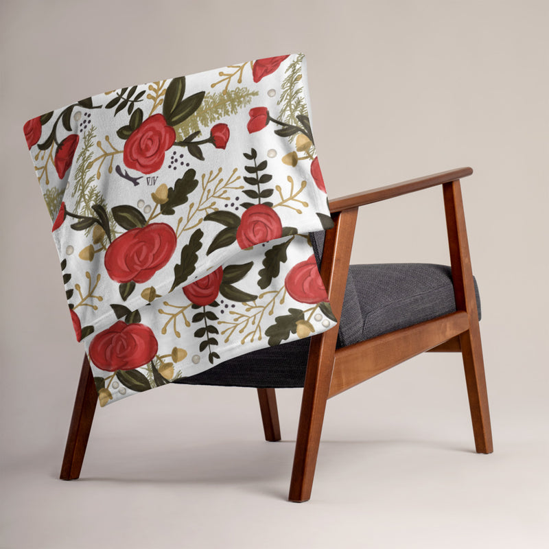 Alpha Gamma Delta Red Rose Print Throw Blanket, White shown on chair