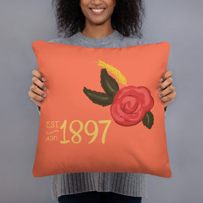 Alpha Omicron Pi 1897 Founding Date Pillow held up by model