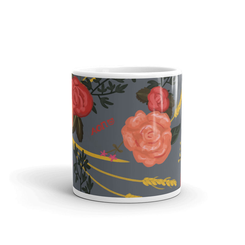 Alpha Omicron Pi Rose Floral Print Gray Glossy Mug in gray shown in 11 oz size