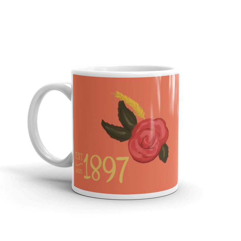Alpha Omicron Pi 1897 Founding Date Glossy Mug shown in 11 oz size with handle on left