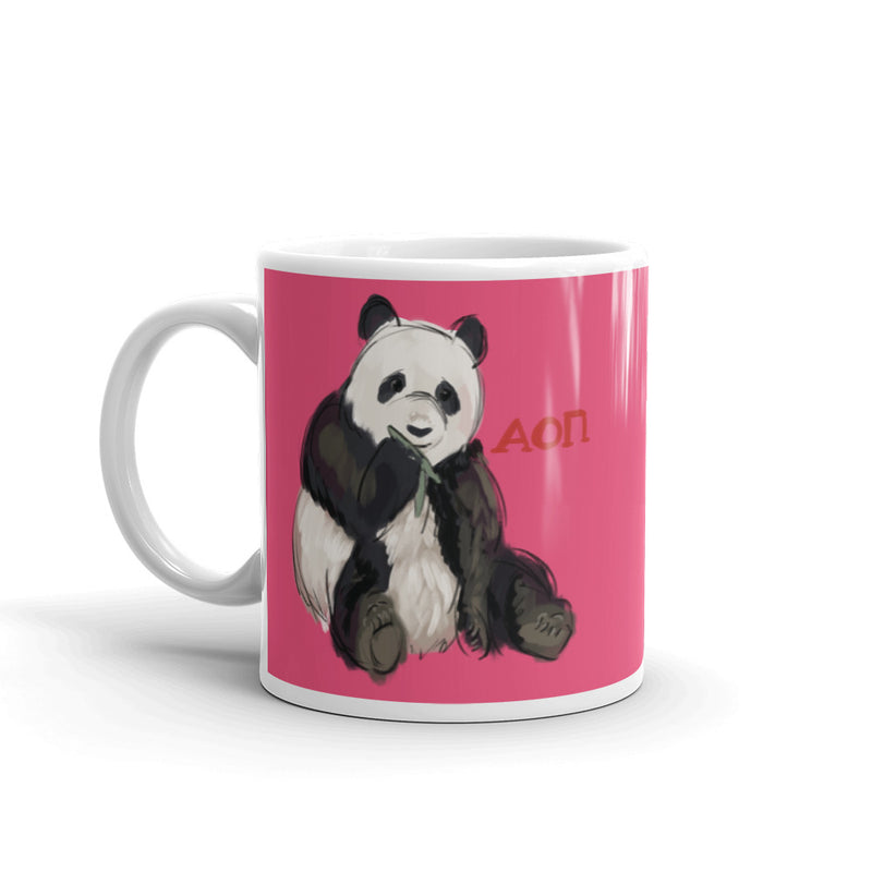 Alpha Omicron Pi Panda Pink Glossy Mug in 11 oz size with handle on left