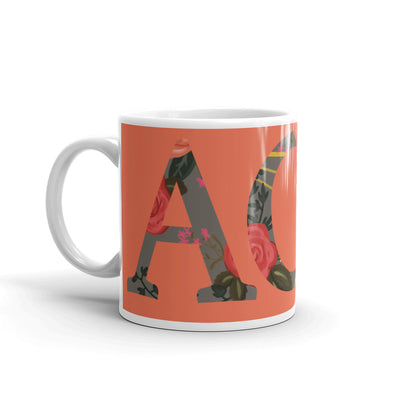Alpha Omicron Pi Greek Letters Orange Glossy Mug in 11 oz size with handle on left