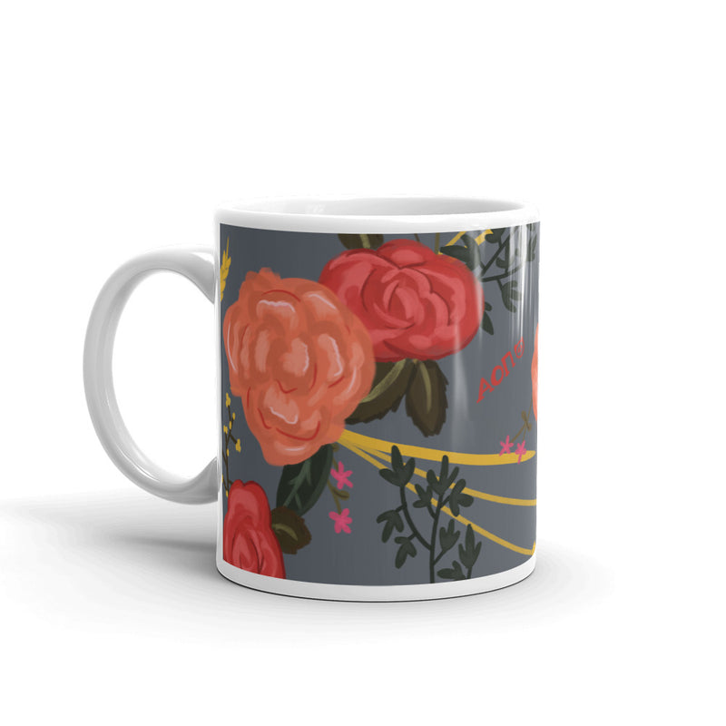 Alpha Omicron Pi Rose Floral Print Gray Glossy Mug shown in 11 oz size with handle on left