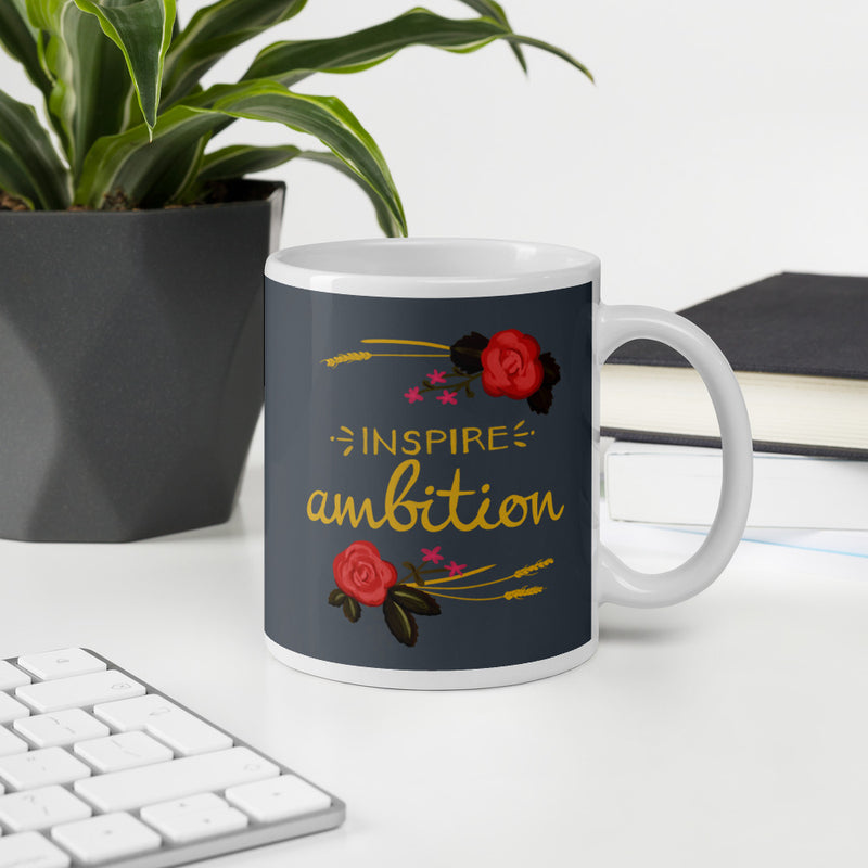 Alpha Omicron Pi Inspire Ambition Glossy Mug in gray shown in office