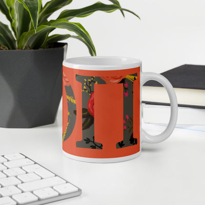 Alpha Omicron Pi Greek Letters Orange Glossy Mug shown in office in 11 oz size