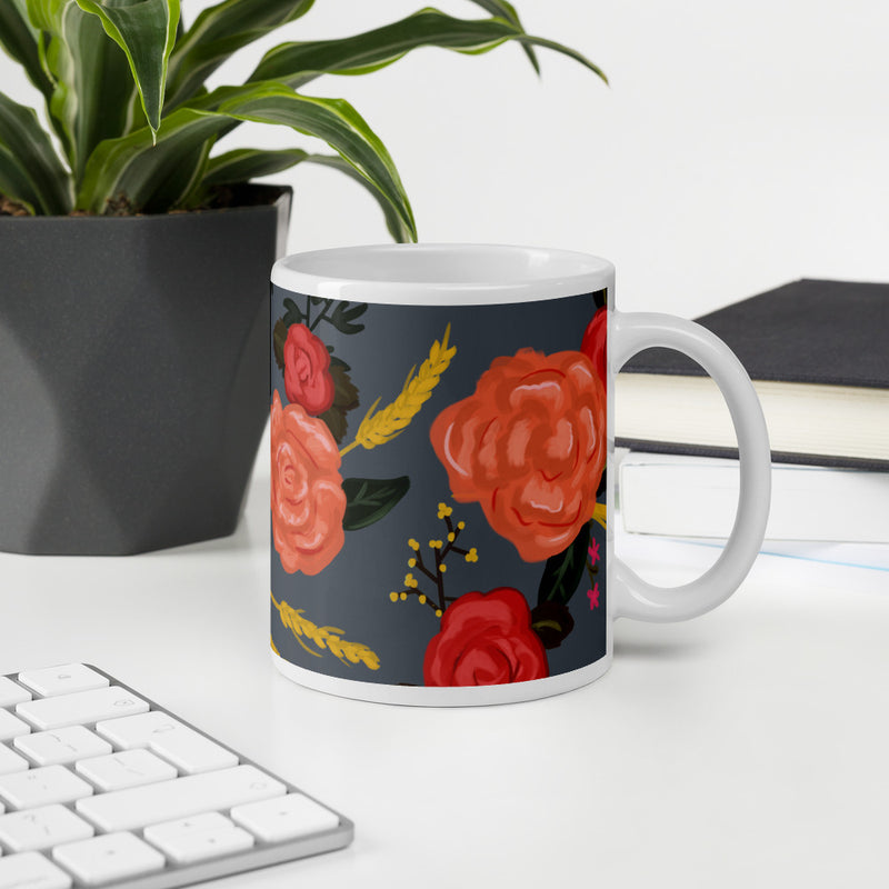 Alpha Omicron Pi Rose Floral Print Gray Glossy Mug in gray shown in 11 oz size in office