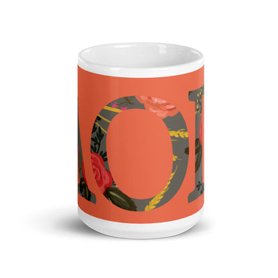 Alpha Omicron Pi Greek Letters Orange Glossy Mug in 15 oz size showing print wrapping around mug