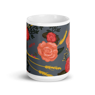 Alpha Omicron Pi Rose Floral Print Gray Glossy Mug showing print wrapping around mug in 15 oz size