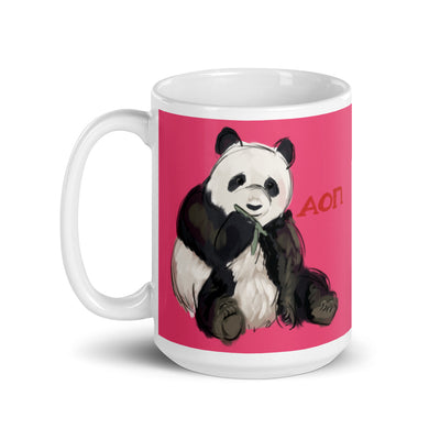 Alpha Omicron Pi Panda Pink Glossy Mug in 15 oz size with handle on left