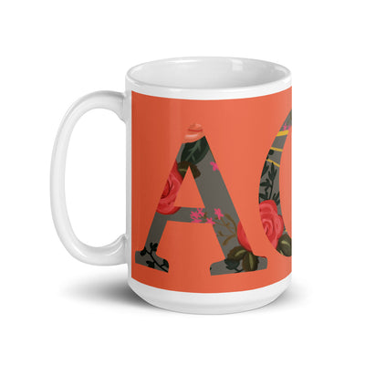 Alpha Omicron Pi Greek Letters Orange Glossy Mug in 15 oz size with handle on left