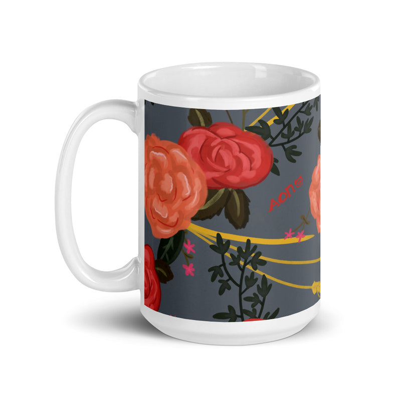 Alpha Omicron Pi Rose Floral Print Gray Glossy Mug in gray in 15 oz size with handle on left