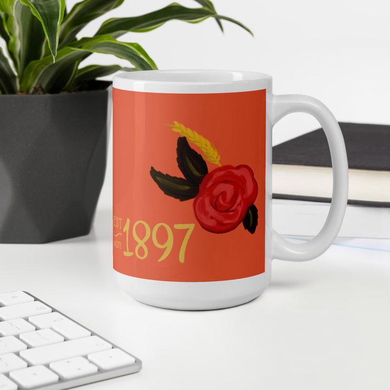 Alpha Omicron Pi 1897 Founding Date Glossy Mug shown in 15 oz size in office