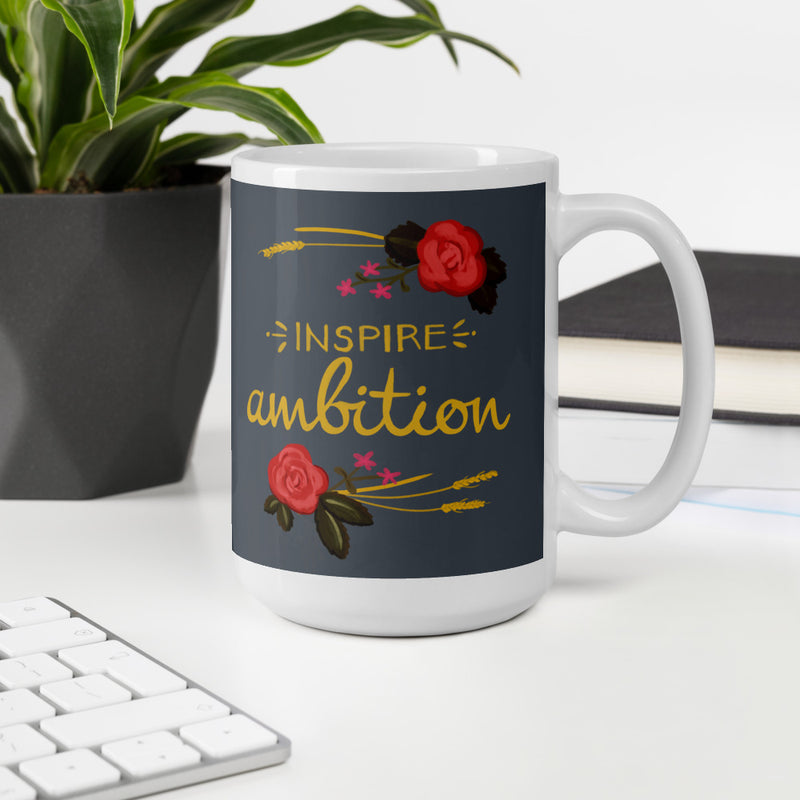 Alpha Omicron Pi Inspire Ambition Glossy Mug in 15 oz size shown in office