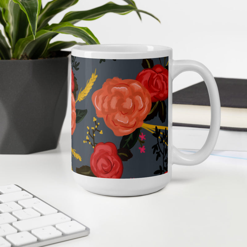Alpha Omicron Pi Rose Floral Print Gray Glossy Mug shown in 15 oz size with handle on left