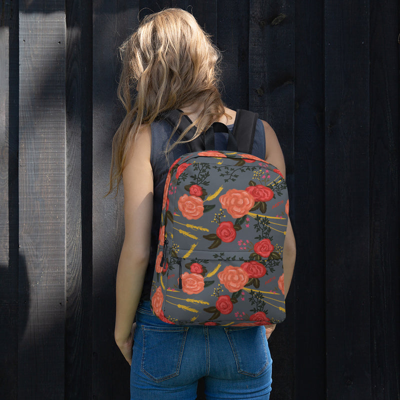 Alpha Omicron Pi Rose Floral print backpack. shown on model&