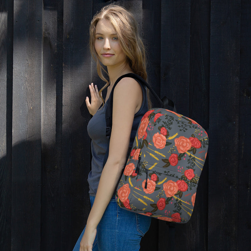 Alpha Omicron Pi Rose Floral print backpack. shown on model