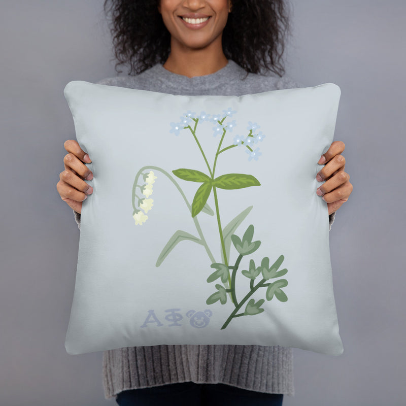 Alpha Phi Lily of the Valley and Ivy Silver Pillow shown in model&