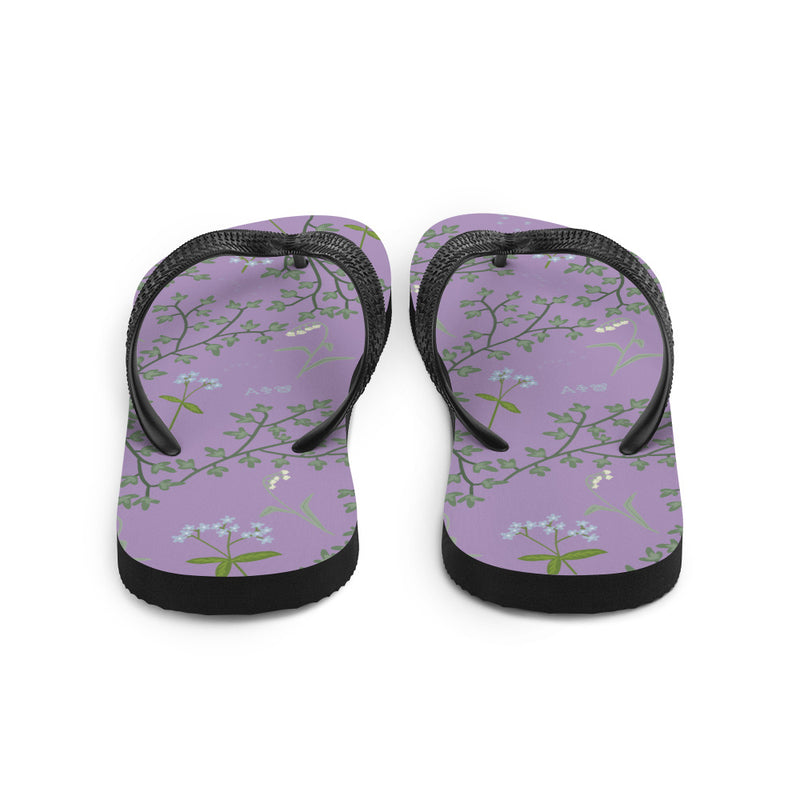 Alpha Phi Lily of the Valley Floral Print Flip-Flops, Lavender showing rear view