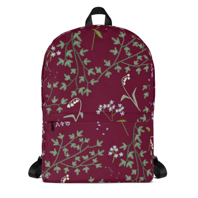 Alpha Phi Lily of the Valley and Ivy leaf print backpack shown in full view