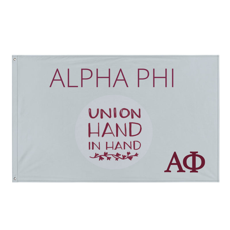 Alpha Phi Union Hand in Hand Flag, Silver and Bordeaux shown in full view