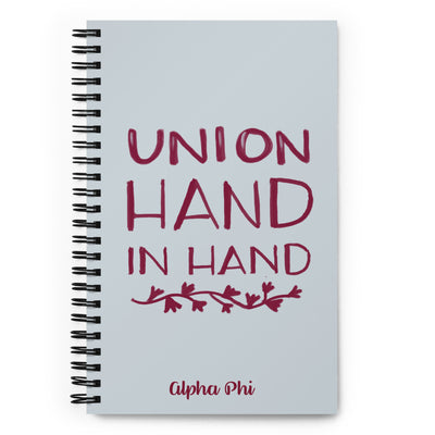 Alpha Phi Union Hand In Hand Spiral Notebook in full view