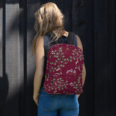 Alpha Phi Lily of the Valley and Ivy leaf print backpack shown on model's back