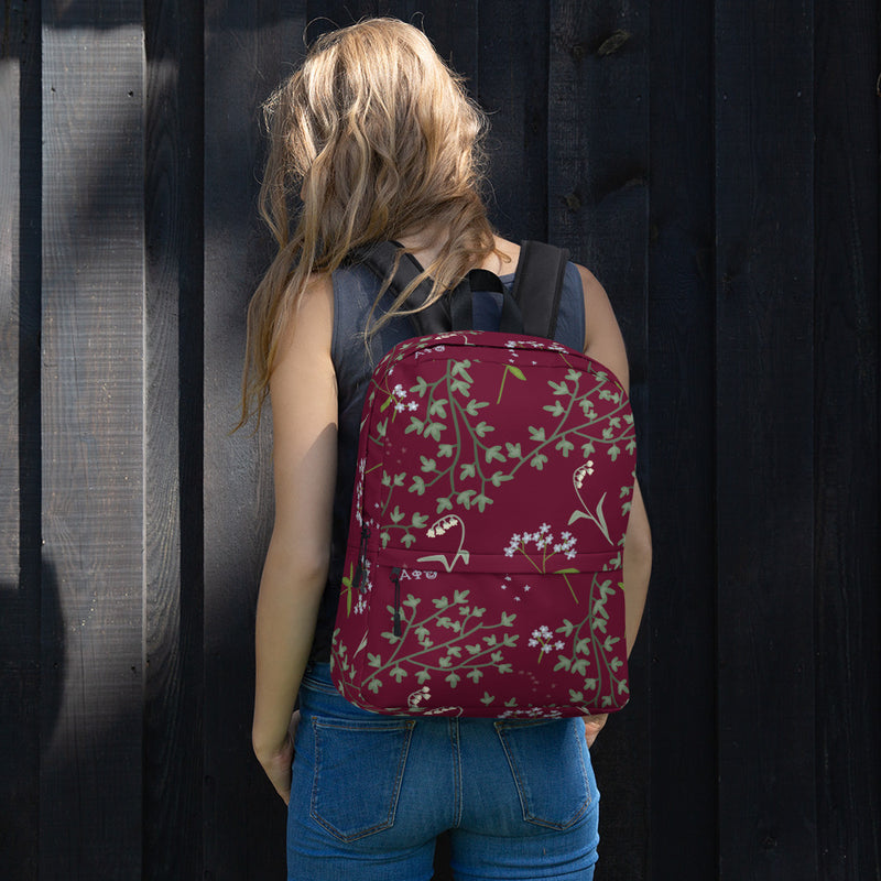 Alpha Phi Lily of the Valley and Ivy leaf print backpack shown on model&