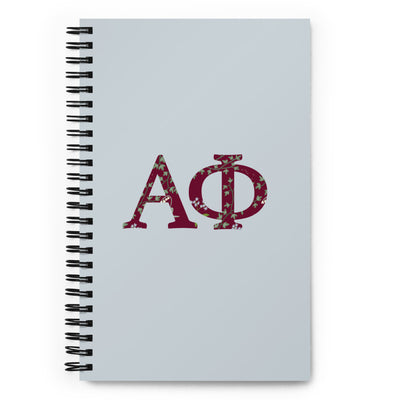  Alpha Phi Greek letters spiral notebook in Silver and Bordeaux with filled in letters