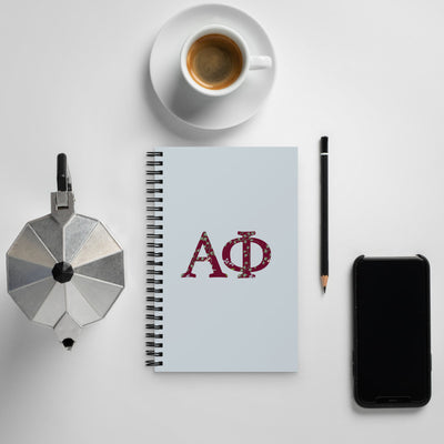  Alpha Phi Greek letters spiral notebook in Silver and Bordeaux.