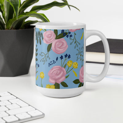 Alpha Xi Delta Sorority Mug in 15 oz size shown in office setting