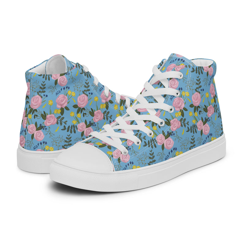 Alpha Xi Delta Sorority High Tops in Light Blue floral print shown side by side