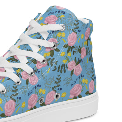 Alpha Xi Delta Sorority High Tops in Light Blue floral print shown in side view