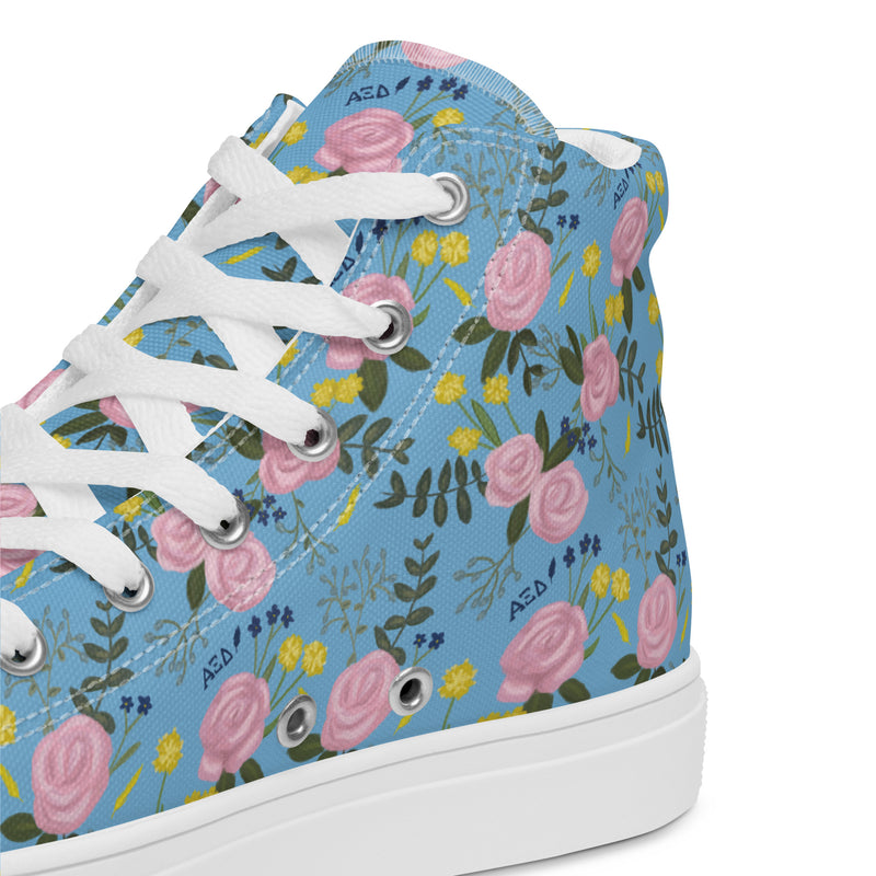 Alpha Xi Delta Sorority High Tops in Light Blue floral print shown in side view