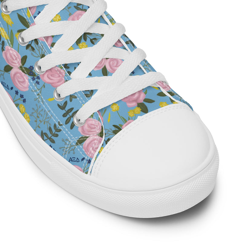 Alpha Xi Delta Sorority High Tops in Light Blue in rose floral print 