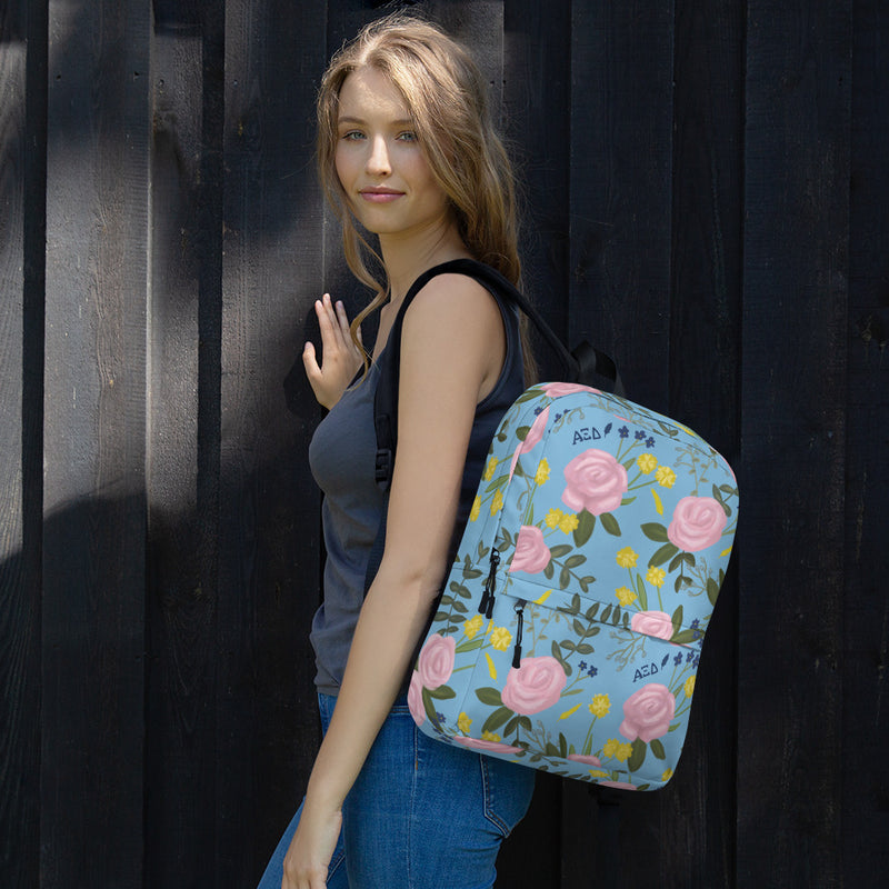 Alpha Xi Delta Pink Rose Floral Print Backpack shown on model&