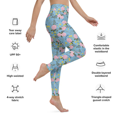 Alpha Xi Delta Rose Floral Print Yoga Leggings, Light Blue showing product details