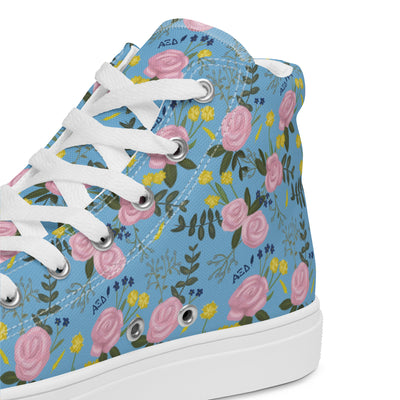 Alpha Xi Delta Pink Rose Floral High Tops, Light Blue in side view