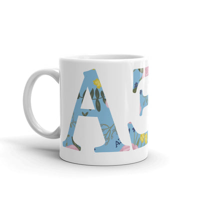 Alpha Xi Delta Greek Letters White Glossy Mug in 11 oz size with handle on left