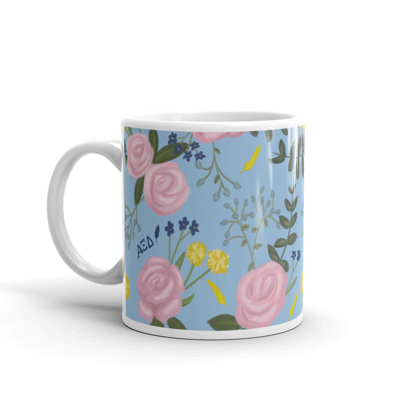 Alpha Xi Delta Floral Pattern Light Blue Glossy Mug with handle on left