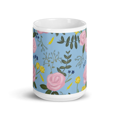 Alpha Xi Delta Floral Pattern Light Blue Glossy Mug in 15 oz size showing print wrapping around mug