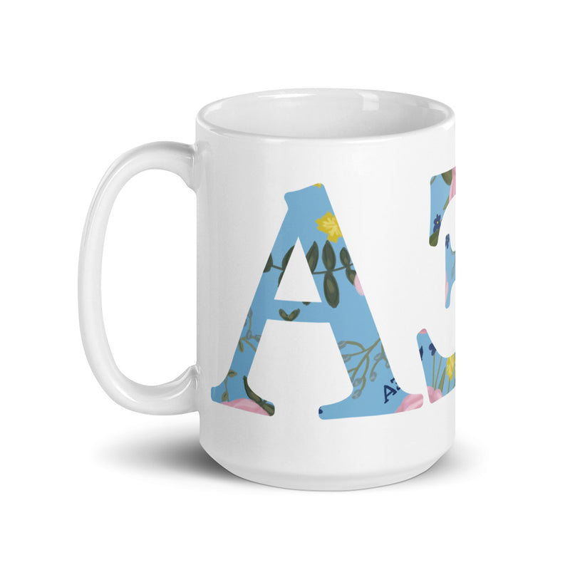 Alpha Xi Delta Greek Letters White Glossy Mug in 15 oz size with handle on left