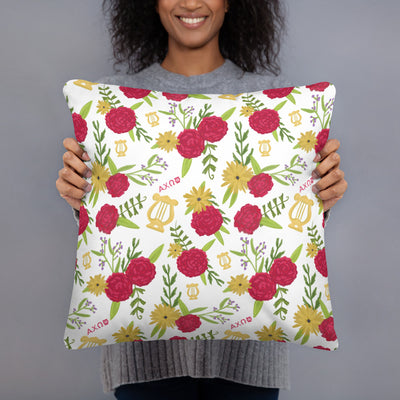 Reverse side of Alpha Chi Omega Sorority Pillow in 18" x 18" size in model's hands