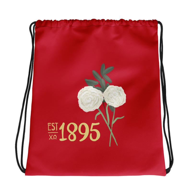 Chi Omega 1895 Red Founders Day Drawstring Bag