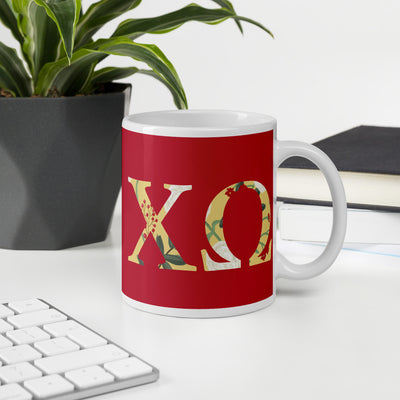 Chi Omega Sorority Letters Mug shown in office setting